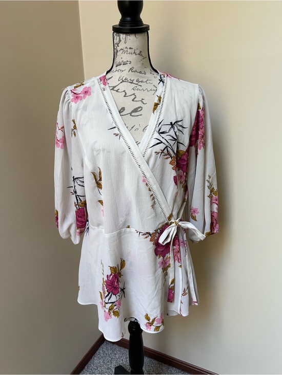 City Chic Tops - City Chic White Wrap Blouse with Pink Floral Print